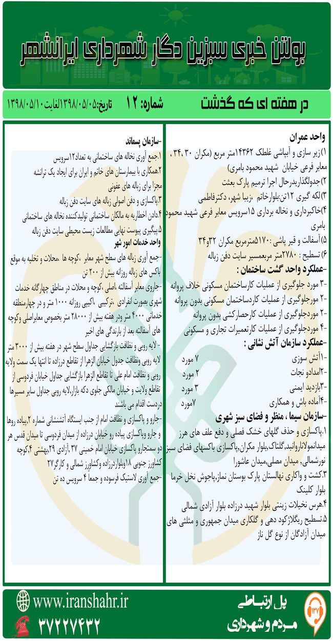 بولتن خبری سبزین دگار شماره 12 - شهرداری ایرانشهر در هفته ای که گذشت