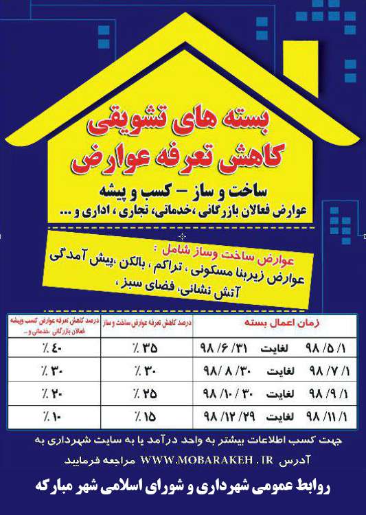 بسته های تشویقی کاهش تعرفه عوارض شهرداری مبارکه