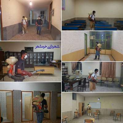 ضدعفونی روزانه مدارس توسط شهرداری خرمشهر با رعایت پروتکل های بهداشتی