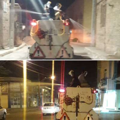 پیاده روها ، معابر و سایر اجزای شهری توسط شهرداری خرمشهر هر شب ضدعفونی می شوند