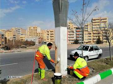 زیباسازی بصری شهر با رنگ‌آمیزی چراغ‌های تزئینی بلوار دکترحسابی