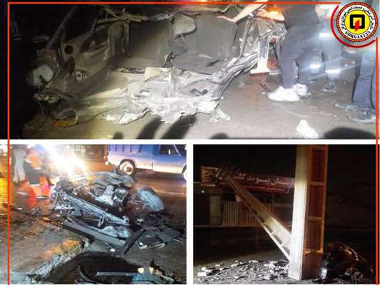 امدادرسانی آتش نشانی شهرداری گرگان در حادثه برخورد شدید خودرو با تیر چراغ برق