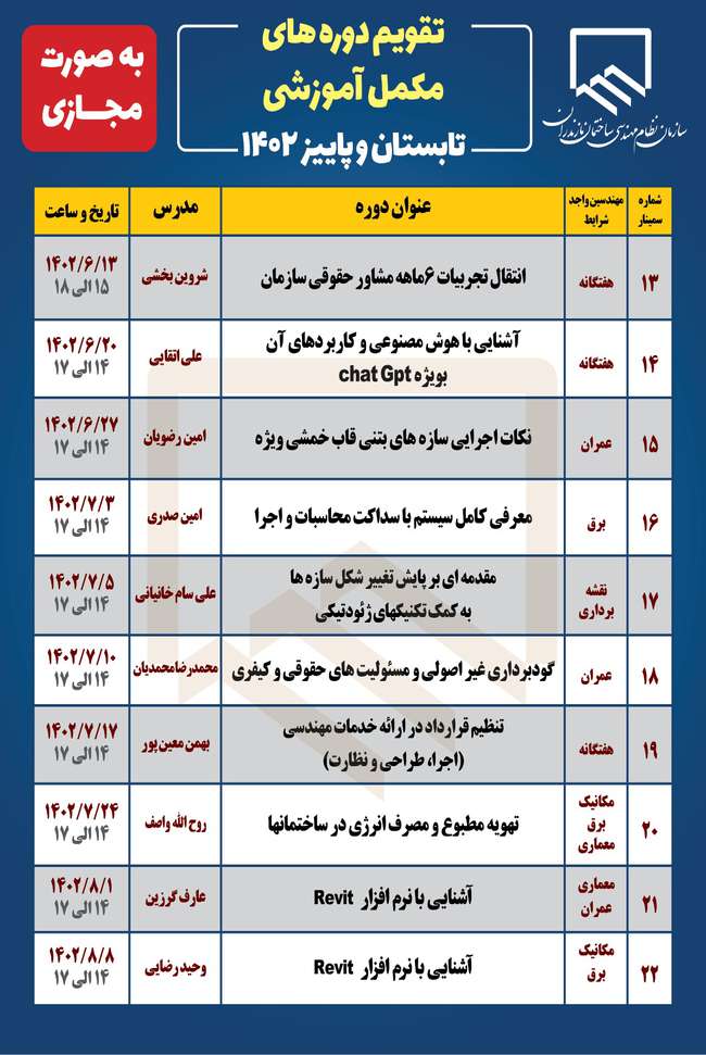 تقویم دوره‌های مکمل آموزشی تابستان و پاییز ۱۴۰۲