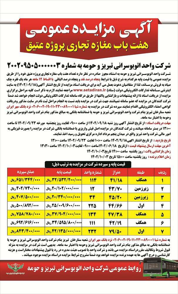 آگهی مزایده عمومی هفت باب مغازه تجاری پروژه عتیق شرکت واحد اتوبوسرانی تبریز و حومه