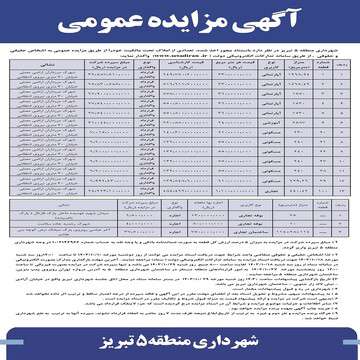 مزایده املاک مسکونی و تجاری بصورت نقد و اقساط توسط شهرداری منطقه ۵